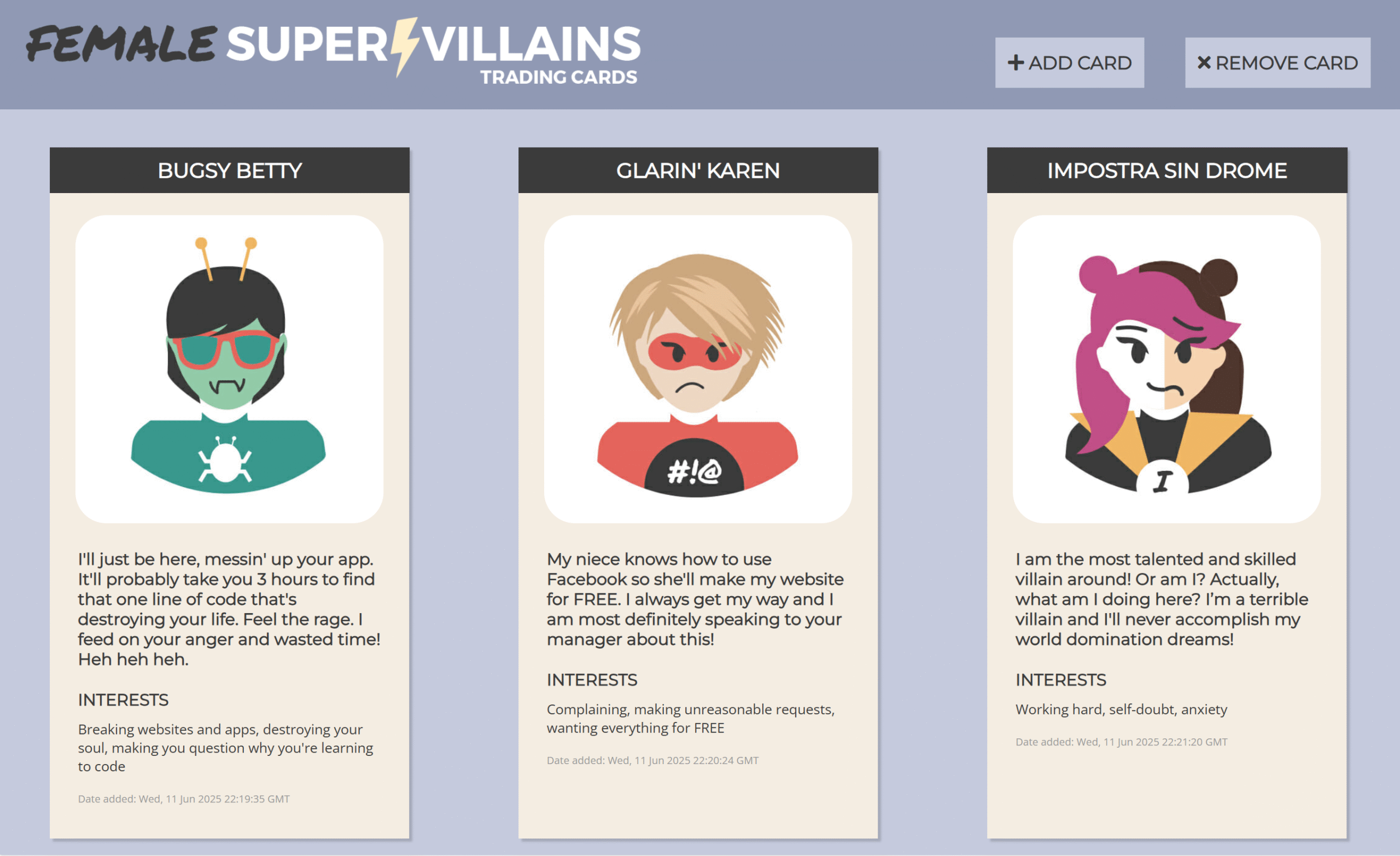 a screenshot of female supervillains database project